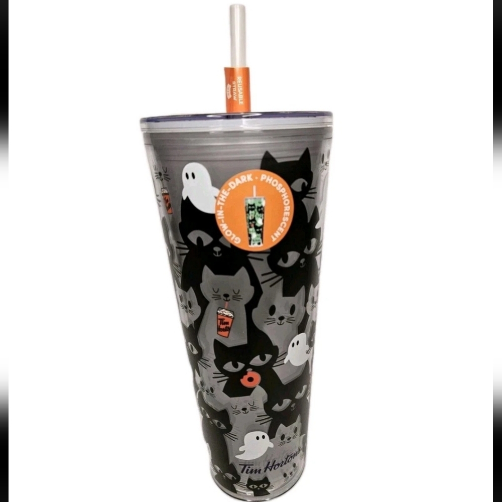 Tim Hortons 2025 HALLOWEEN Glow in the Dark Cat Ghost 24 oz Tumbler NEW